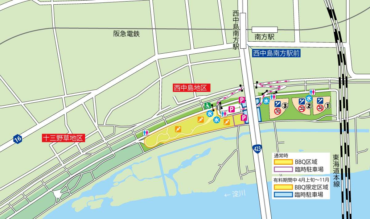 西中島地区・十三野草地区設備詳細マップ